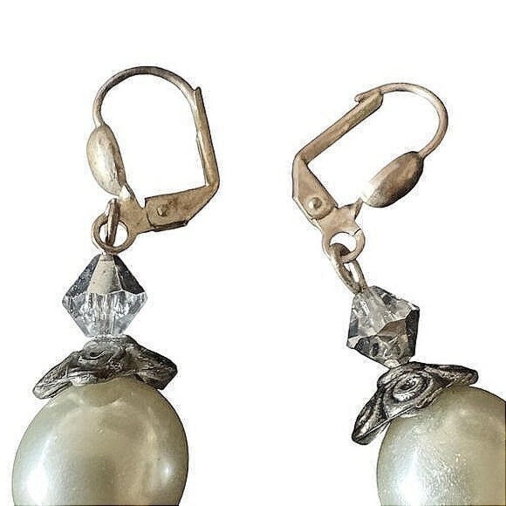 Vintage Dangle Earrings Women Small Silver Excellent Pearl Lever Back 2 Pairs - Picture 4 of 9